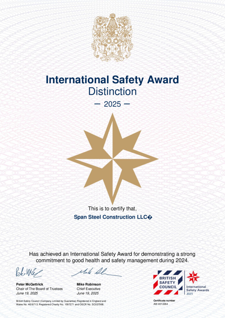 SPAN Steel International Safety Awards Certificate